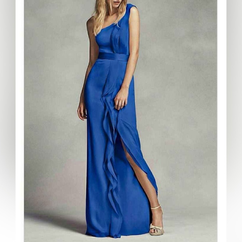 WHITE BY VERA WANG LONG ONE-SHOULDER BRIDESMAID DRESS RUFFLES SIZE 14 FORMAL